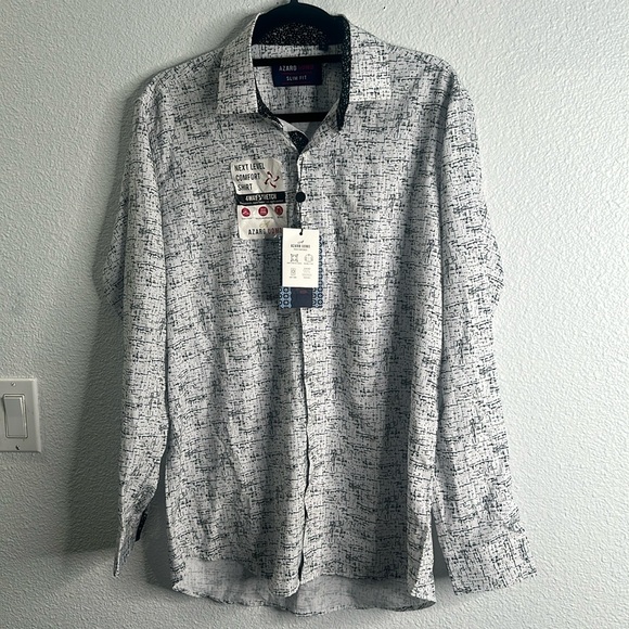 AZARO UOMO white black print 4way stretch button down shirt size large - Picture 1 of 8